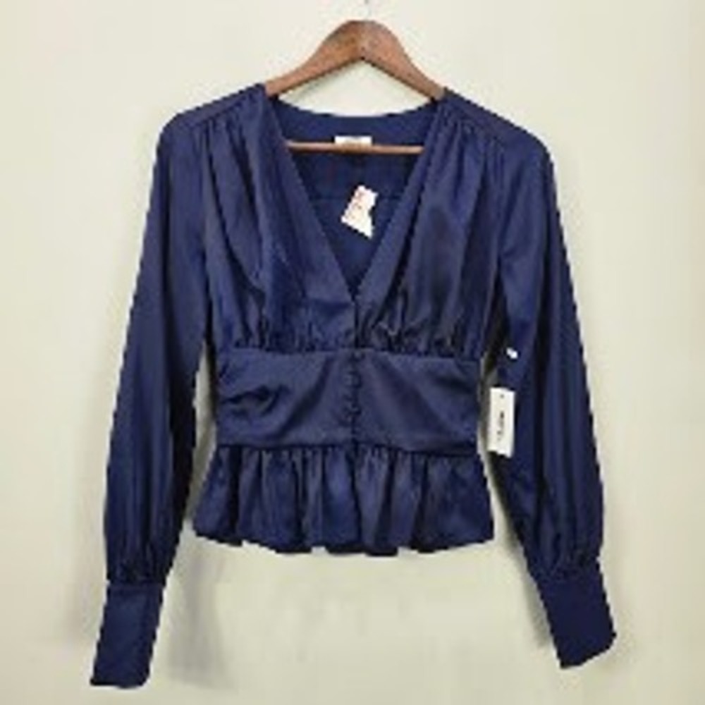 Jason Wu Satin Ruched Blouse S Navy Blue Peplum Long Sleeve Office Career NWT